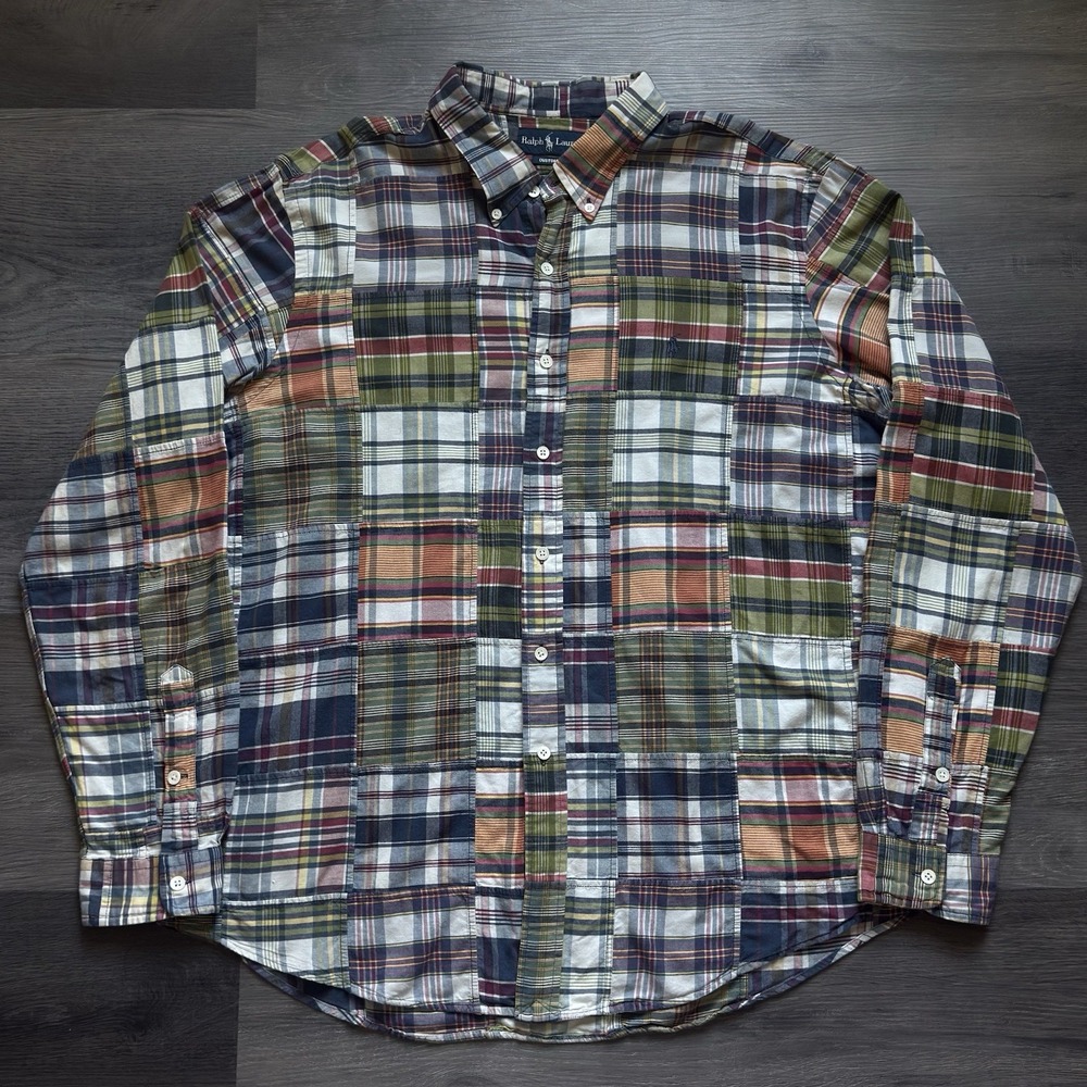 Vintage Ralph Lauren Patchwork Madras Plaid Shirt Mens XL Custom Fit Y2K READ